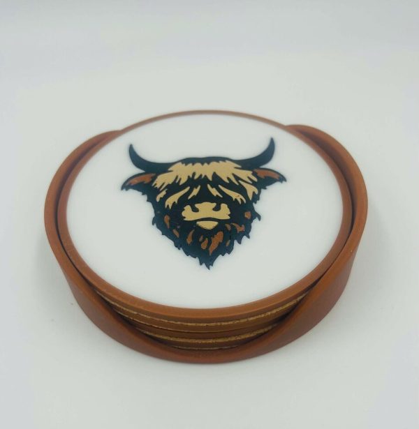 Premium Cork Base highland Cow Coaster Set with Holder - Bar or Mancave - Image 2