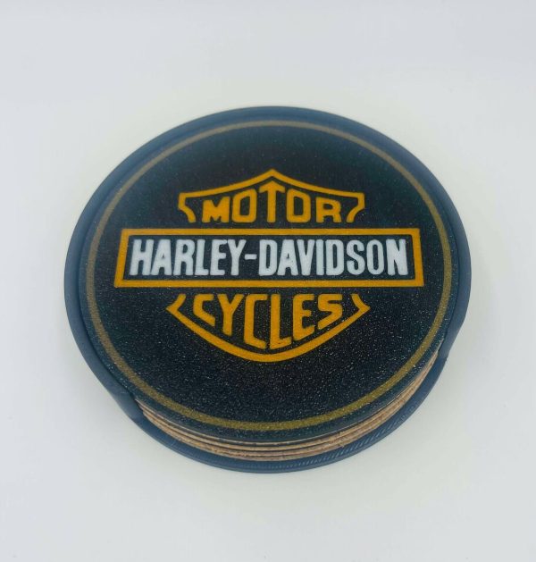 Premium Cork Base Harley Davidson Coaster Set with Holder - Bar or Mancave